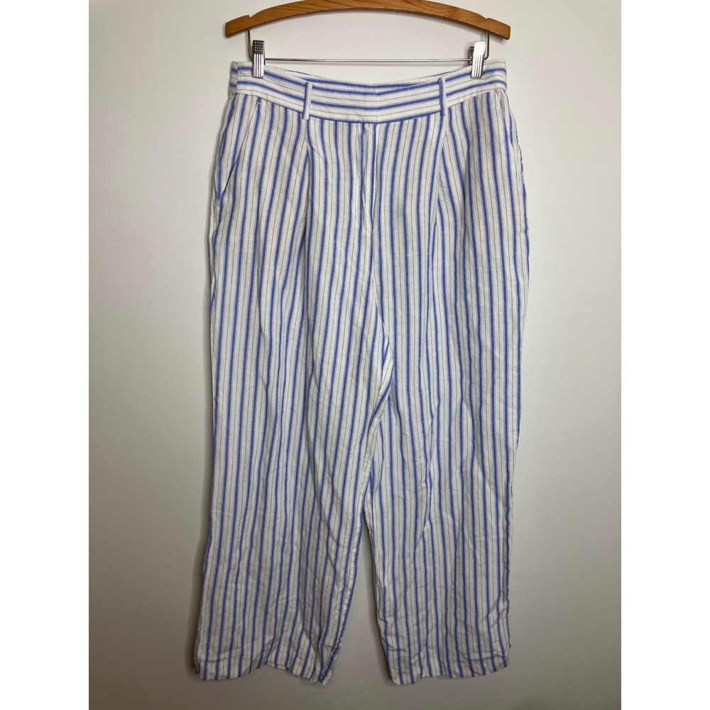 LOFT Striped Wide Leg Pants Women 10 Blue White Excellent Linen Blend Pleated